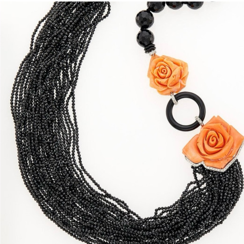 Caprese necklace , 18K gold , diamonds coral  and and black spinell RICH 🪸